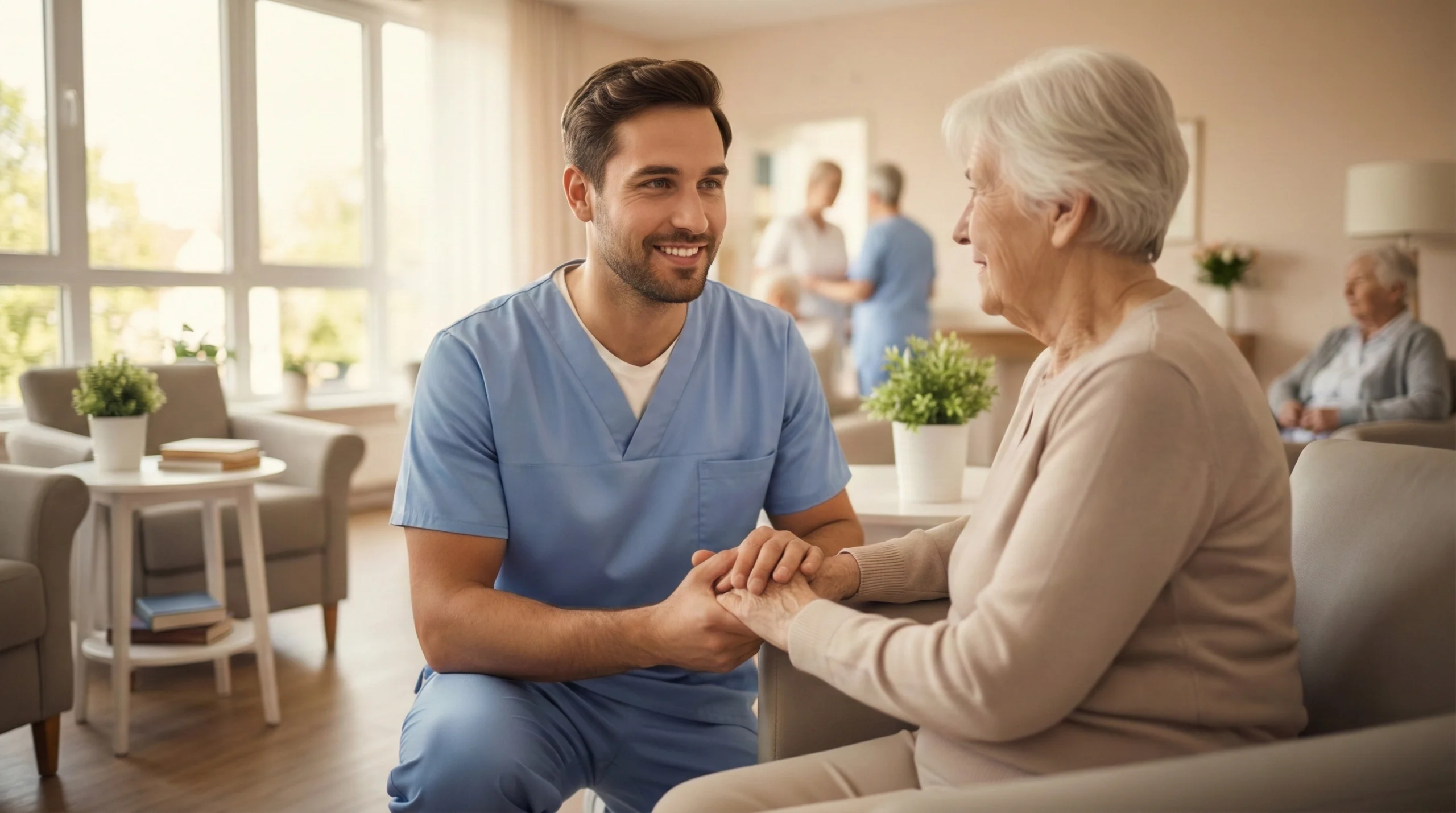 Empathischer männlicher Pflegeassistent in blauer Arbeitskleidung hält die Hand einer Seniorin in einem hellen, freundlichen Wohnbereich.