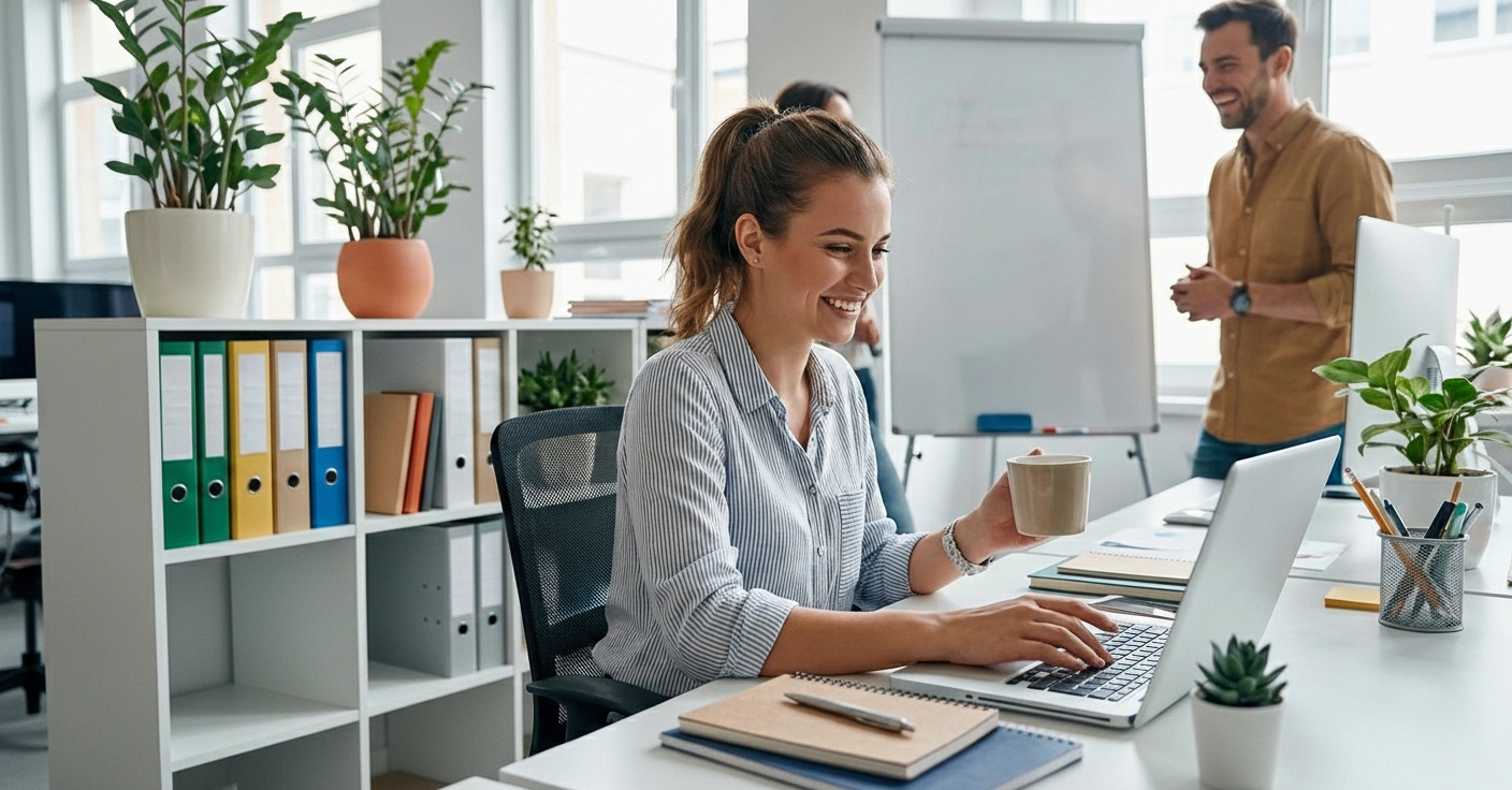 Junge studentische Aushilfe arbeitet lächelnd am Laptop in einem modernen, hellen Büro mit Kollegen im Hintergrund.